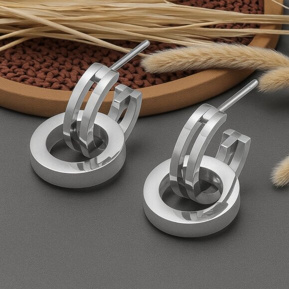 ๐ Minimalist Double Hoop Earrings 18K White Gold Plated 316L Stainless Steel - Picture 1 of 11